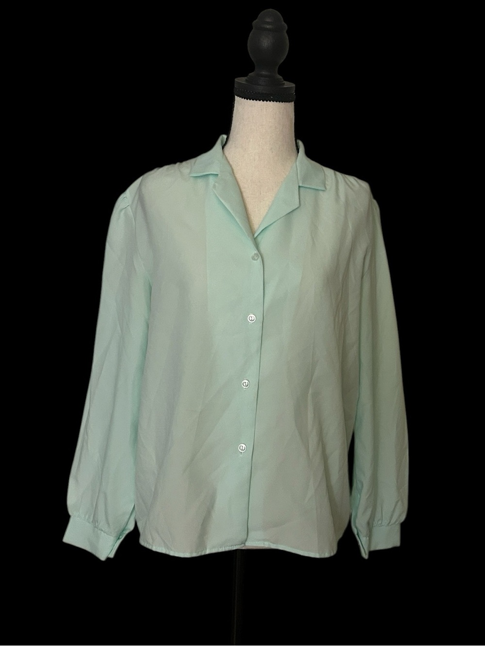 Vintage 80s Cindy Collins Mint Green Camp Collar Blouse Long Sleeve XL